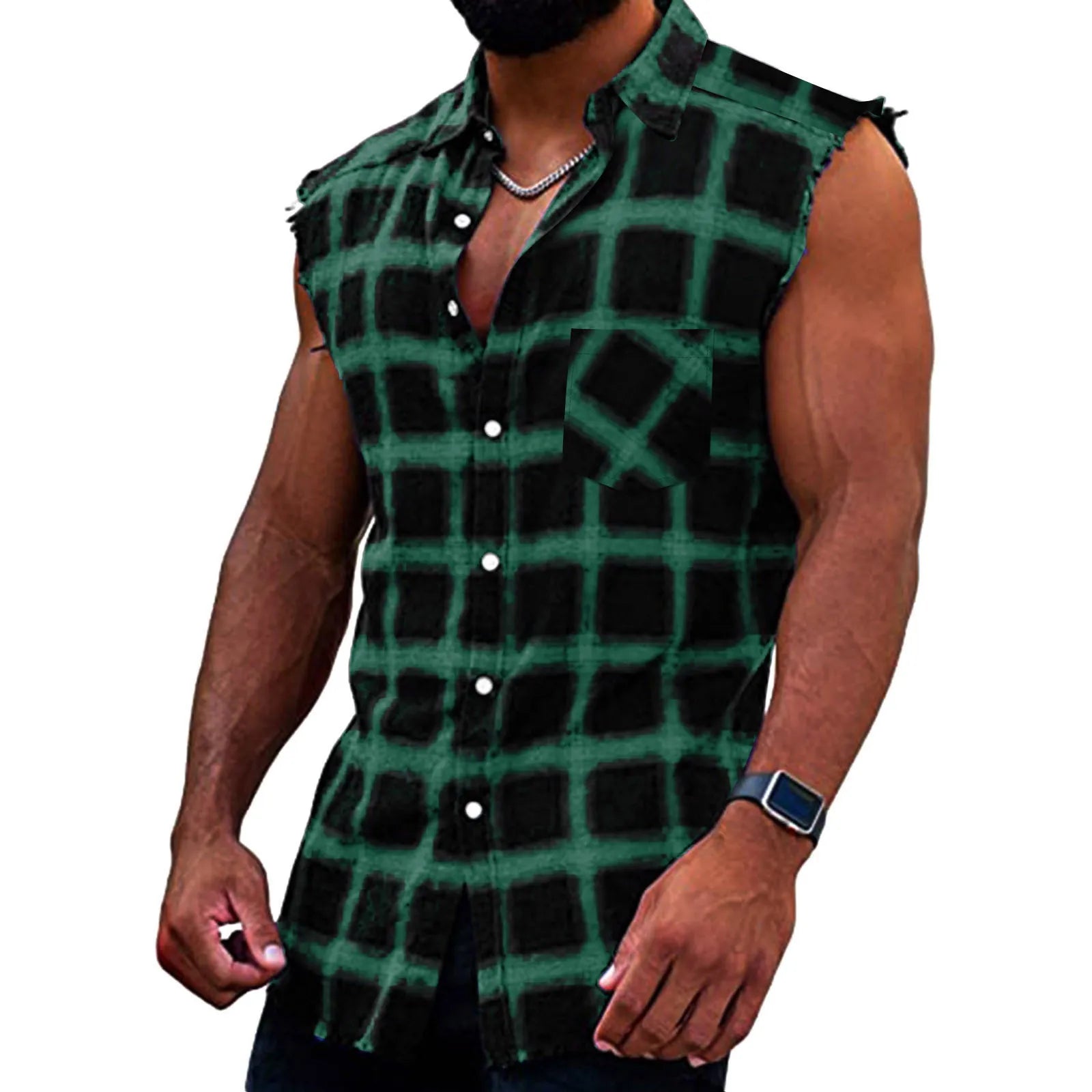 Men's Summer Fashion Casual Plaid Print Sleeveless T Shirt