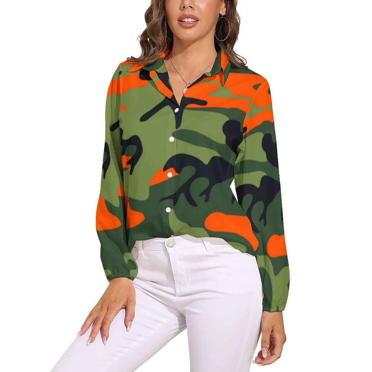 Orange And Green Camo Blouse Army Vector Camouflage Funny Print Blouses Womens Long Sleeve Shirt Summer Oversized Clothing