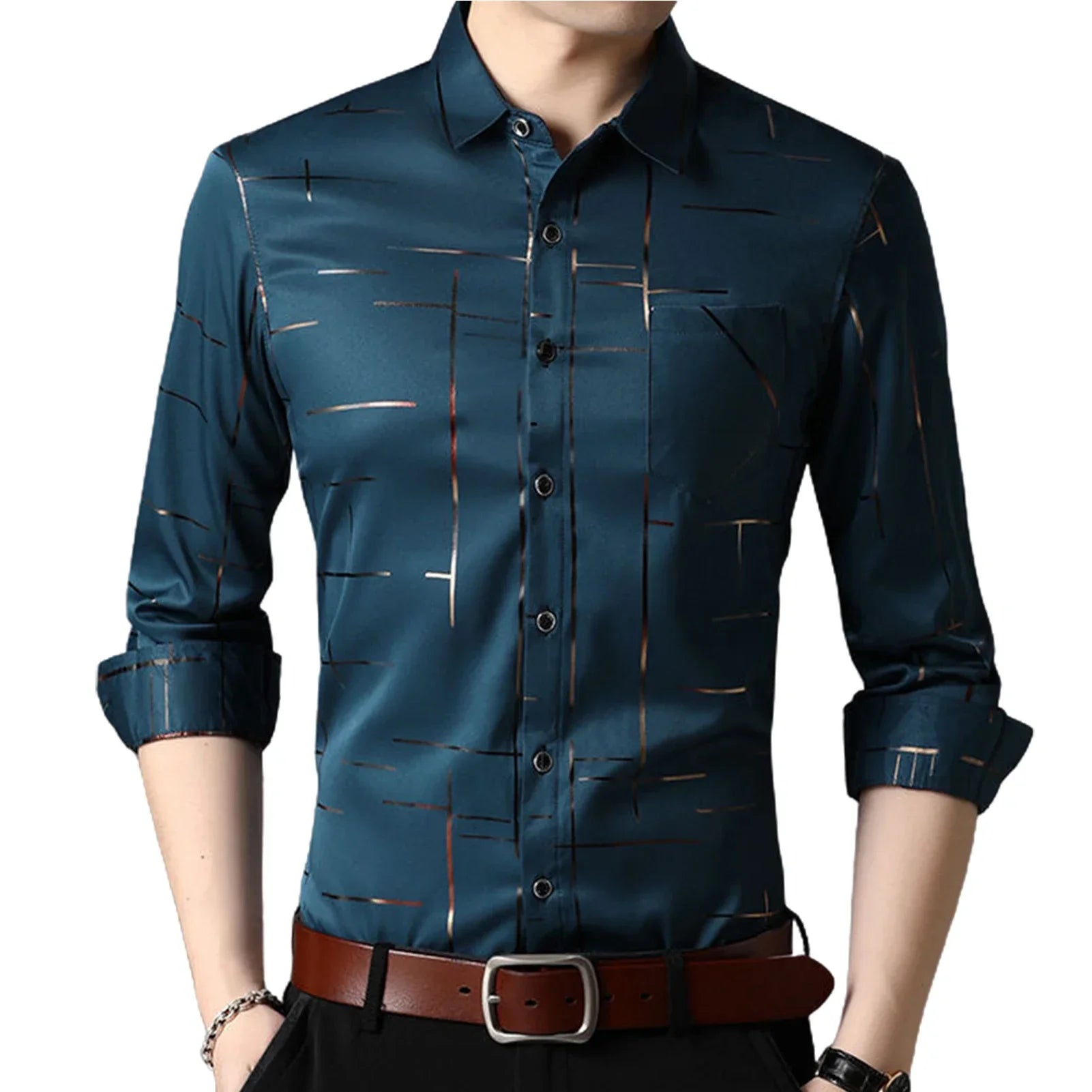 Men Shirt Plaid Print Turn down Collar Single breasted Formal Dress Shirt