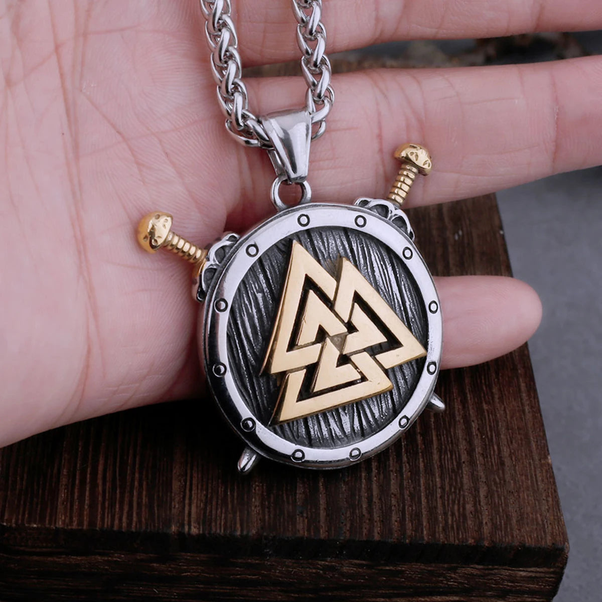 Stainless Steel Viking Valknut Sword Shield Necklace Mens Fashion Rune Amulet Pendant Necklace Vintage Nordic Jewelry Gift