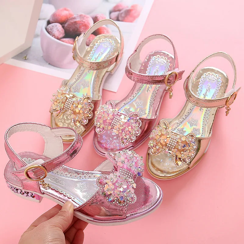 Girls' sandals  summer new girls students show shoes rhinestone bow Children's Princess Shoes