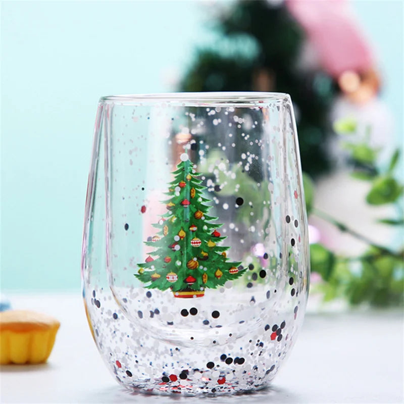 Double Wall Christmas Glass Cup Flowing sequins Christmas tree snowman Coffee Cup Heat Resistant Tea Milk Juice Mug Xmas Gift