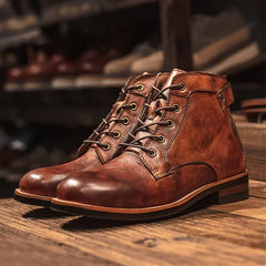 Handmade Leather Men Boots Retro Round Toe Ankle Boots