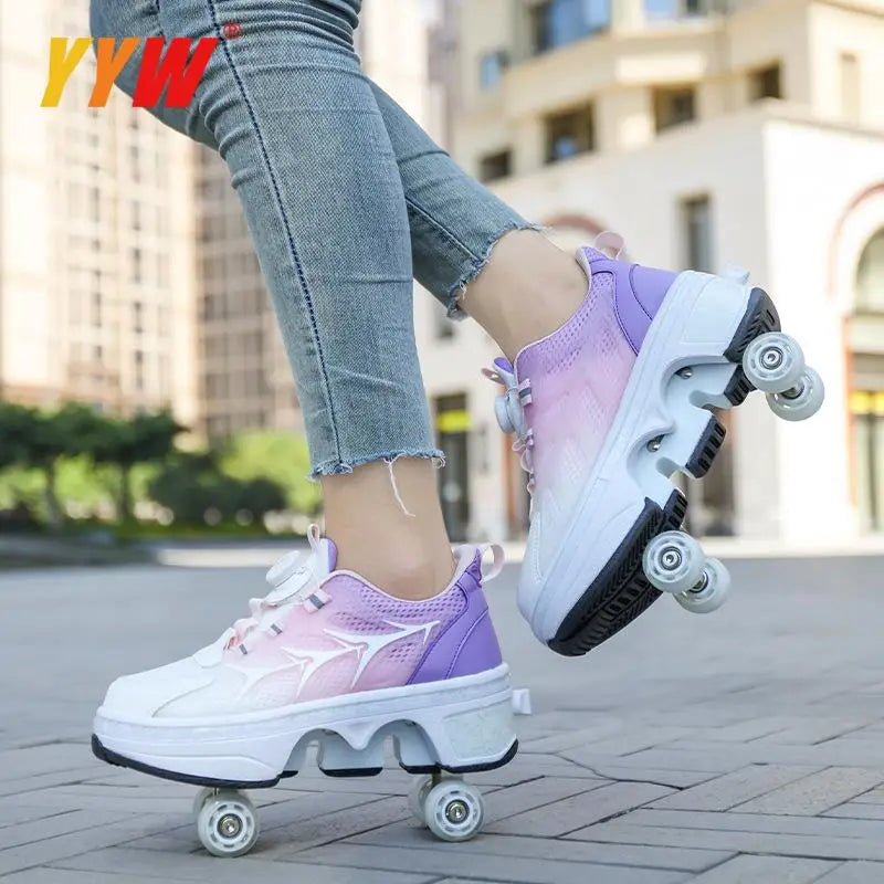 Four-Wheel Dual-Use Skating Shoes Double-Row Roller Student Men's Casual Sneakers Women's Men's Sport Walking Running Shoes