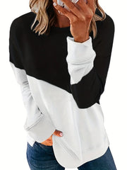 hot season color blocked long sleeved round neck contrasting loose hoodie top for women