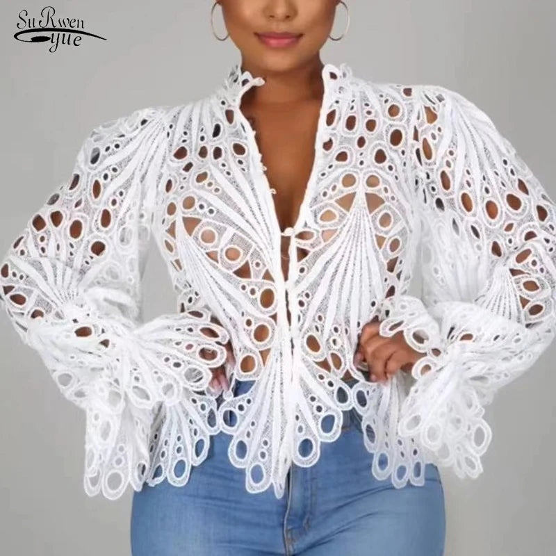 Casual Lantern Long Sleeve Stand Collar Shirts Lace Hollow Out Short Blouse Female Elegant Red/Pink/White Loose Tops