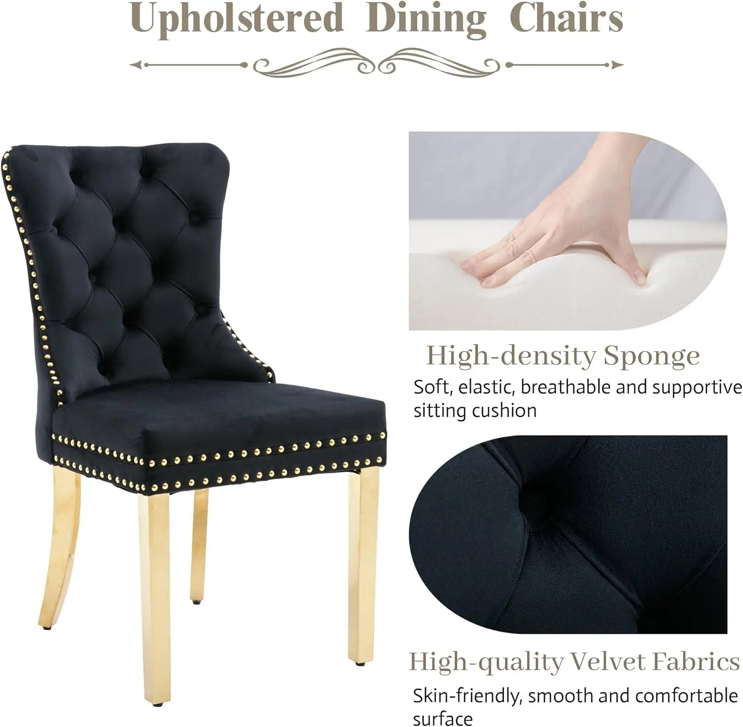 Upholstered High-end Tufted Dining Chair with Nailhead Back Ring Pull Trim Stainless Steel Legs