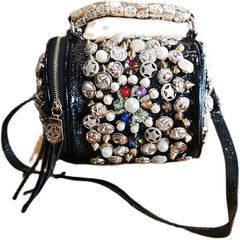 Round Bucket Bag With Bead Rivet Rhinestone Single Shoulder Crossbody Bag Women Punk Style Handbag