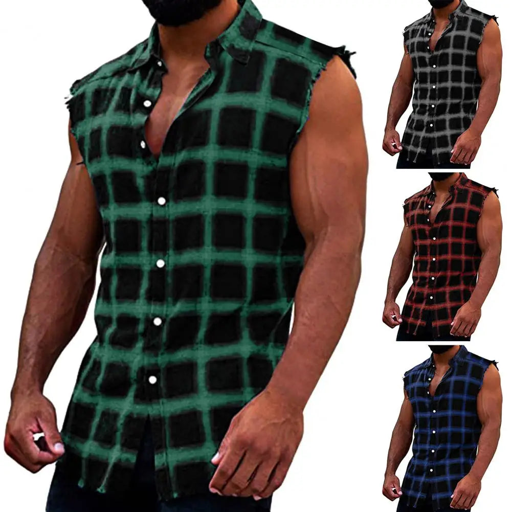 Men's Summer Fashion Casual Plaid Print Sleeveless T Shirt