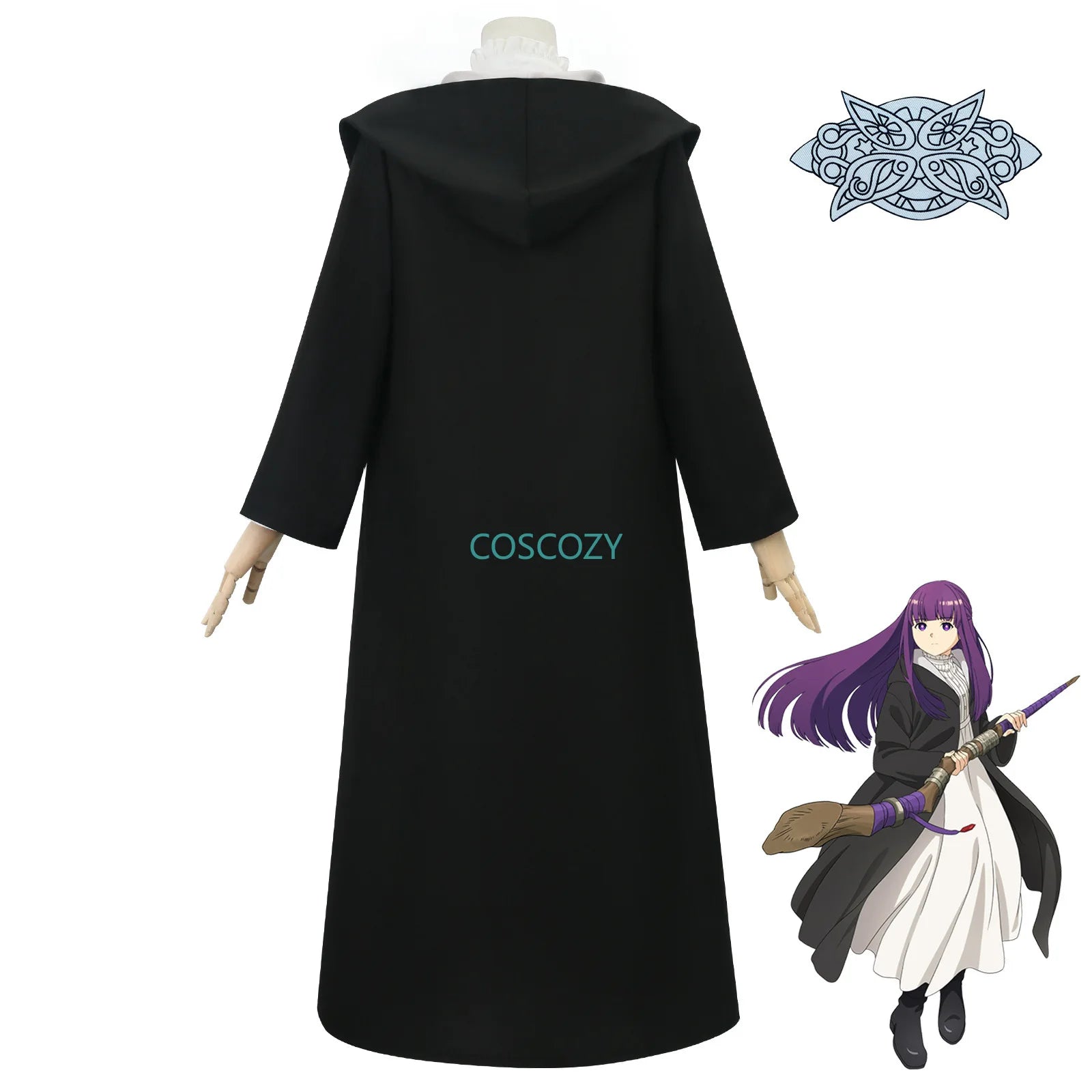 Anime Frieren: Beyond Journey's End Fern Cosplay Costume White Long Dress and Black Robe Purple Wig Headwear Halloween Suit