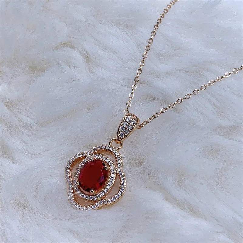 Rose Gold 3ct Red Ruby Oval Gemstone Rings Earrings Necklace Jewelry Sets for Women Wedding Bridal