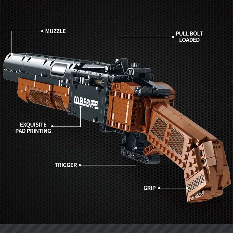 1006PCS Double Barrel Shotgun Weapon Model Building Blocks Military Classic Gun With Bullet Belt Bricks