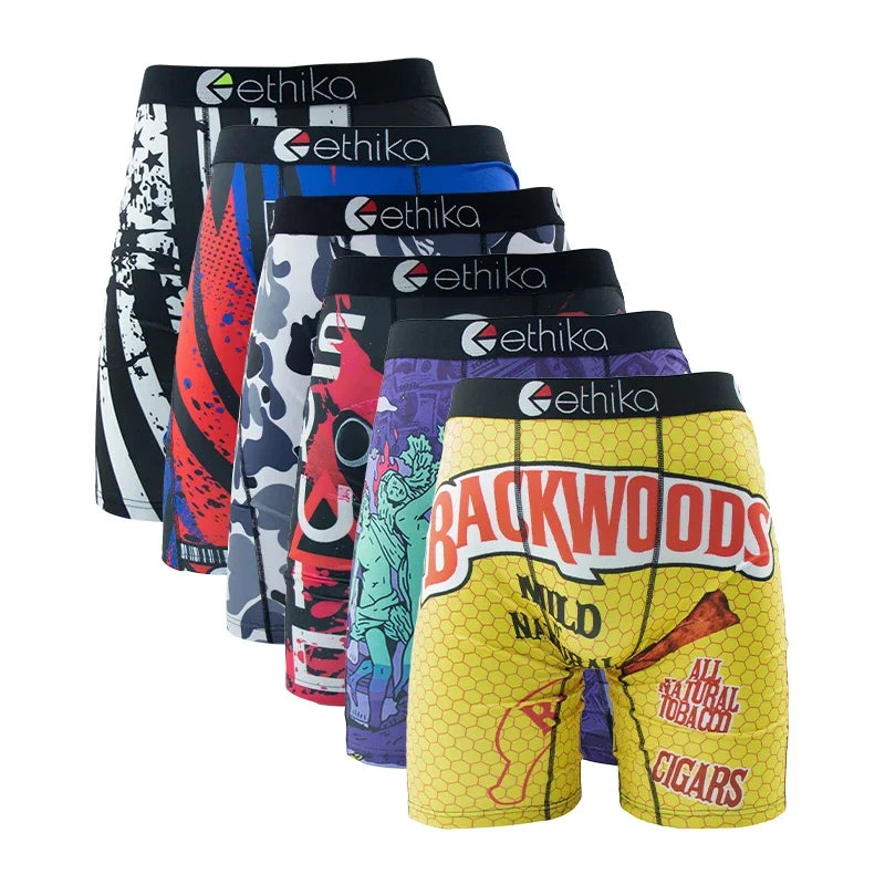 6Pcs ETHIKA Printed Men Underwear Boxer Shorts Underpants Breathable Man Panties Lingeries Plus Size Boxer Briefs S-XXXL