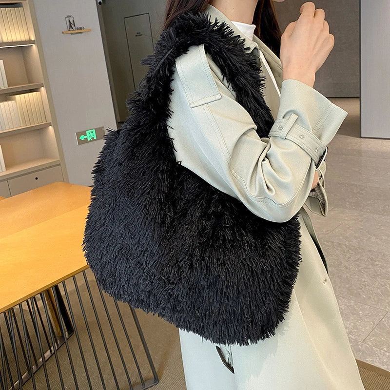 Winter Plush Handbag Warm Shopper Bags Luxury Faux Fur Women's Bag Large Capacity Tote Bag