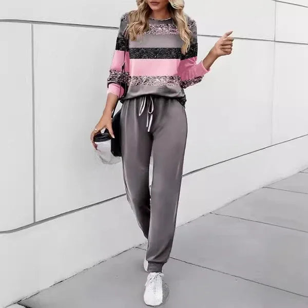 Two Piece Sets Women Sports Outfits Round Collar Sweatshirt Print Top