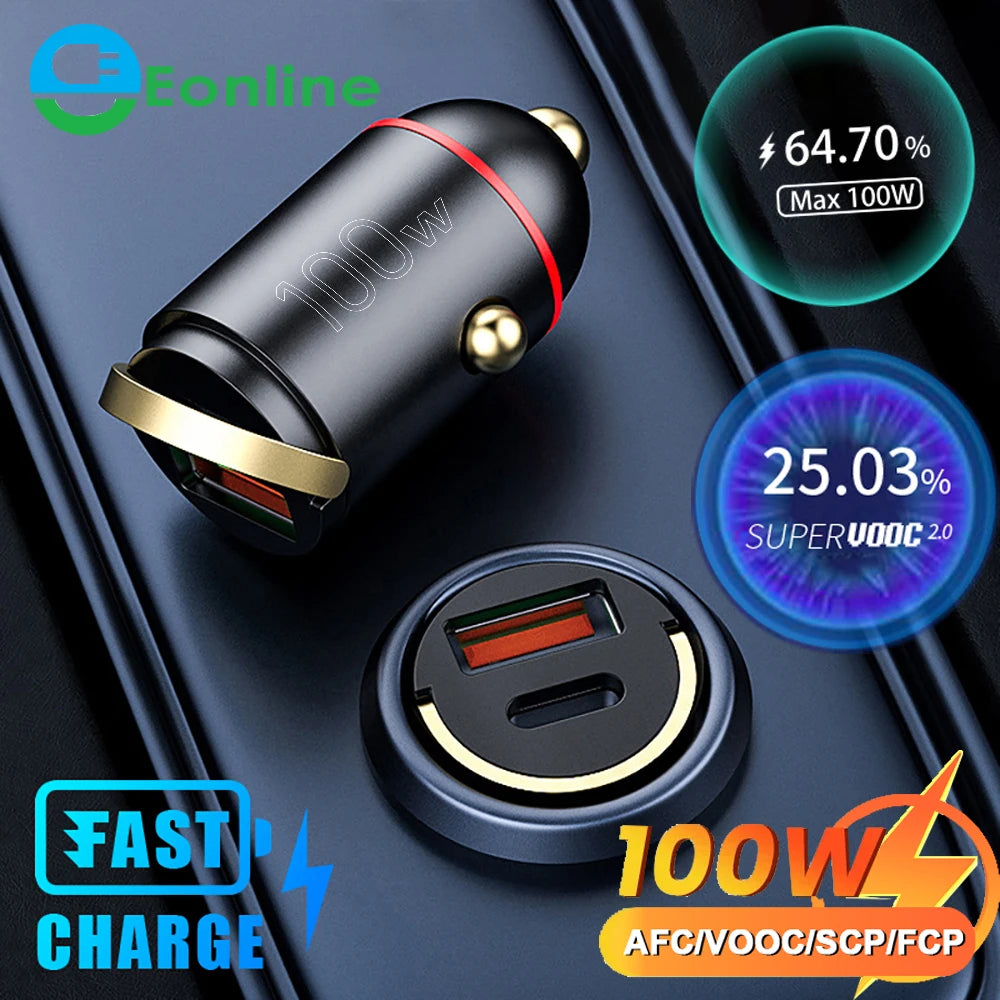 EONLINE 3D LOGO 100W QC3.0 PD Car Charger 5A Fast Charing 2 Port 12-24V Cigarette Socket Lighter Car USBC Charger for iPhone