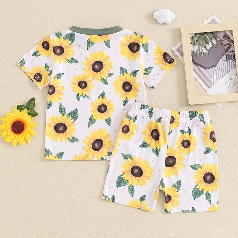 Summer Toddler Girl Sunflower Print Outfit Short Sleeve T-shirt Top Casual Shorts Trendy Baby Clothing Set