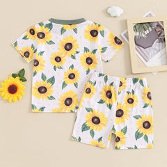 Summer Toddler Girl Sunflower Print Outfit Short Sleeve T-shirt Top Casual Shorts Trendy Baby Clothing Set