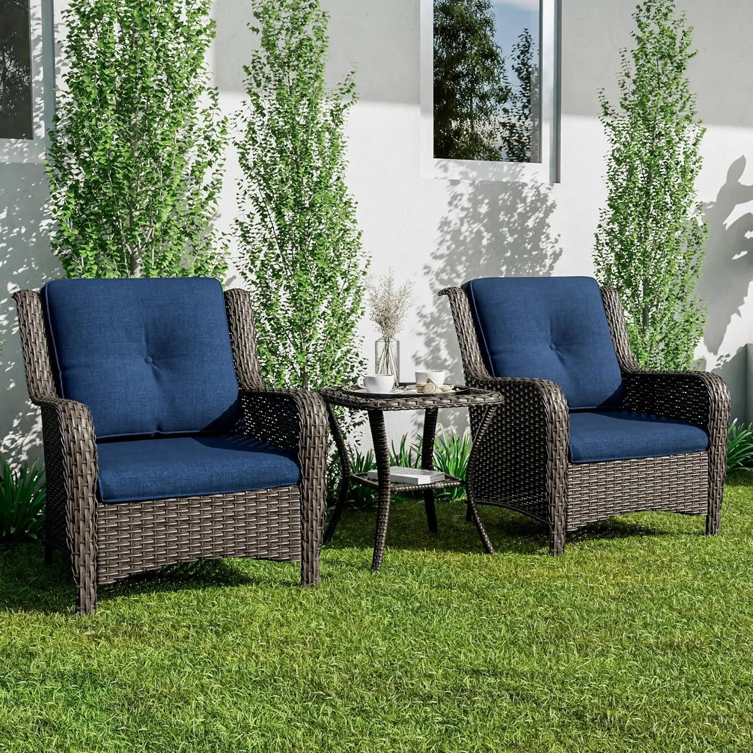 Patio Bistro Set Wicker Chairs - 3 Piece Outdoor Rattan Conversation Set with 2 Armrest Chair and 1 Side Table