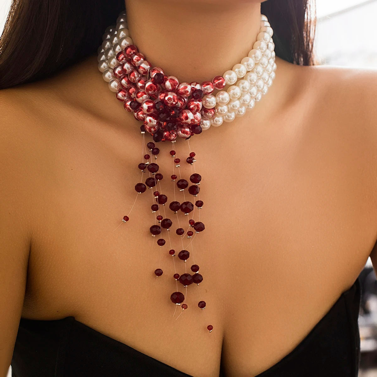 Multilayer Imitation Pearl Necklace For Women Gothic Drop Oil Red Crystal Tassel Choker Necklace Halloween Jewelry