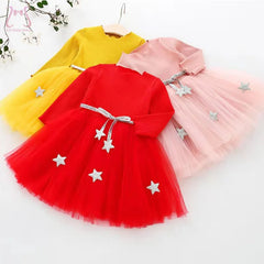 Toddler Girls Birthday Party Princess Mesh Evening Dress Long Sleeves Solid Color Stars Kids Costumes