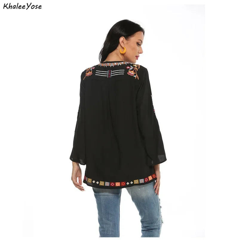 YOSE Black Boho Embroidery Blouses Shirt Women Autumn Spring Mexican Shir