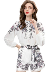 MoaaYina Autumn Fashion Runway Vintage Floral Print Shorts Suit Women Lantern Sleeve Slim Top