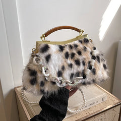 Winter Furry Evening Clutch Bag Designer Shell Handbag For Women Luxury Leopard Faux Fur Wedding Purse