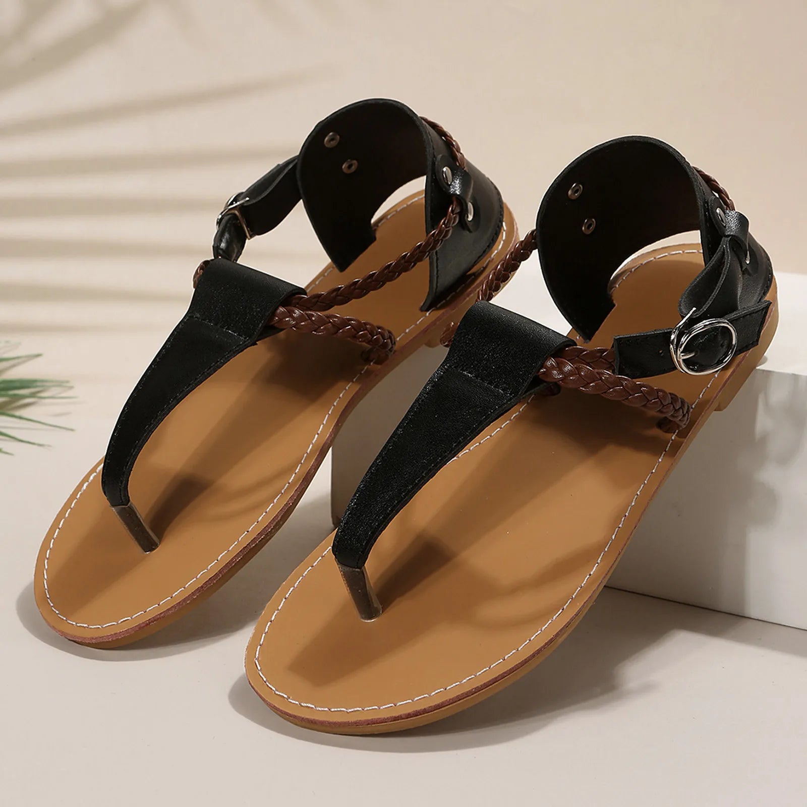 Female Sandals Fashion Summer Solid Color Buckle Flat Bottom Sandals