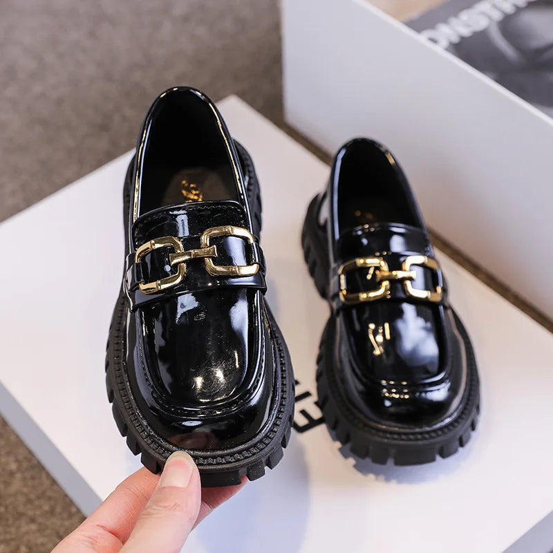 ULKNN Children's Black Leather Shoes