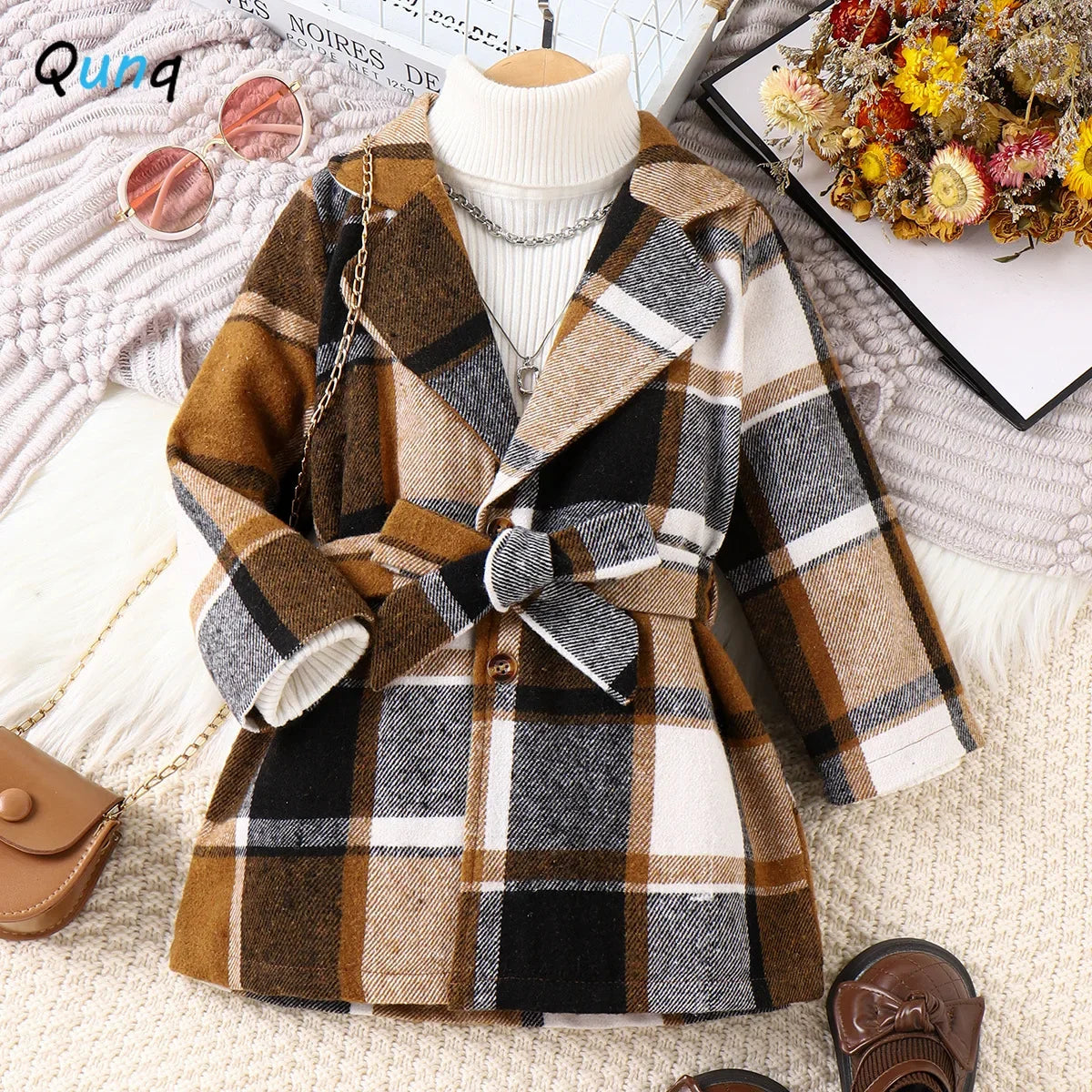 Autumn Winter New Girls Plaid Cardigan Single-breasted Long-sleeved Slim Coat With Belt Casual Kids Clothes