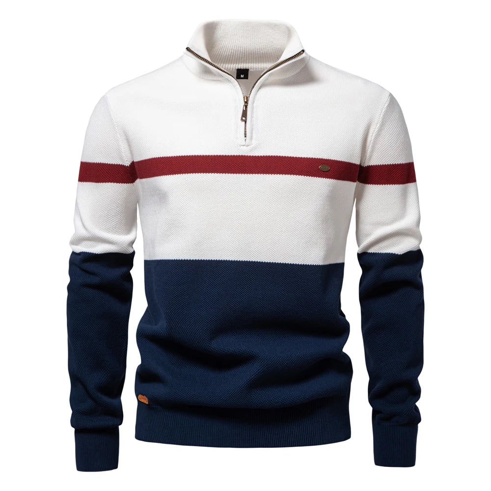 AIOPESON Brand High Quality Cotton Sweater for Men Zipper Mock Neck Pullovers Men Autumn Winter Striped Warm Mens Polo Sweater