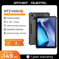 Oukitel RT3 Mini Rugged Tablet 8 Inch HD+ 5150 mAh 4GB+64GB Android 12 Tablets Mtk Helio P22 16MP Camera Pad