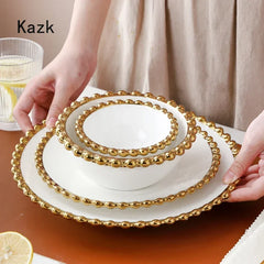 Creative Golden Beaded Side Dinner Plate Nordic Ceramic Plates and Bowls Spaghetti Dishes