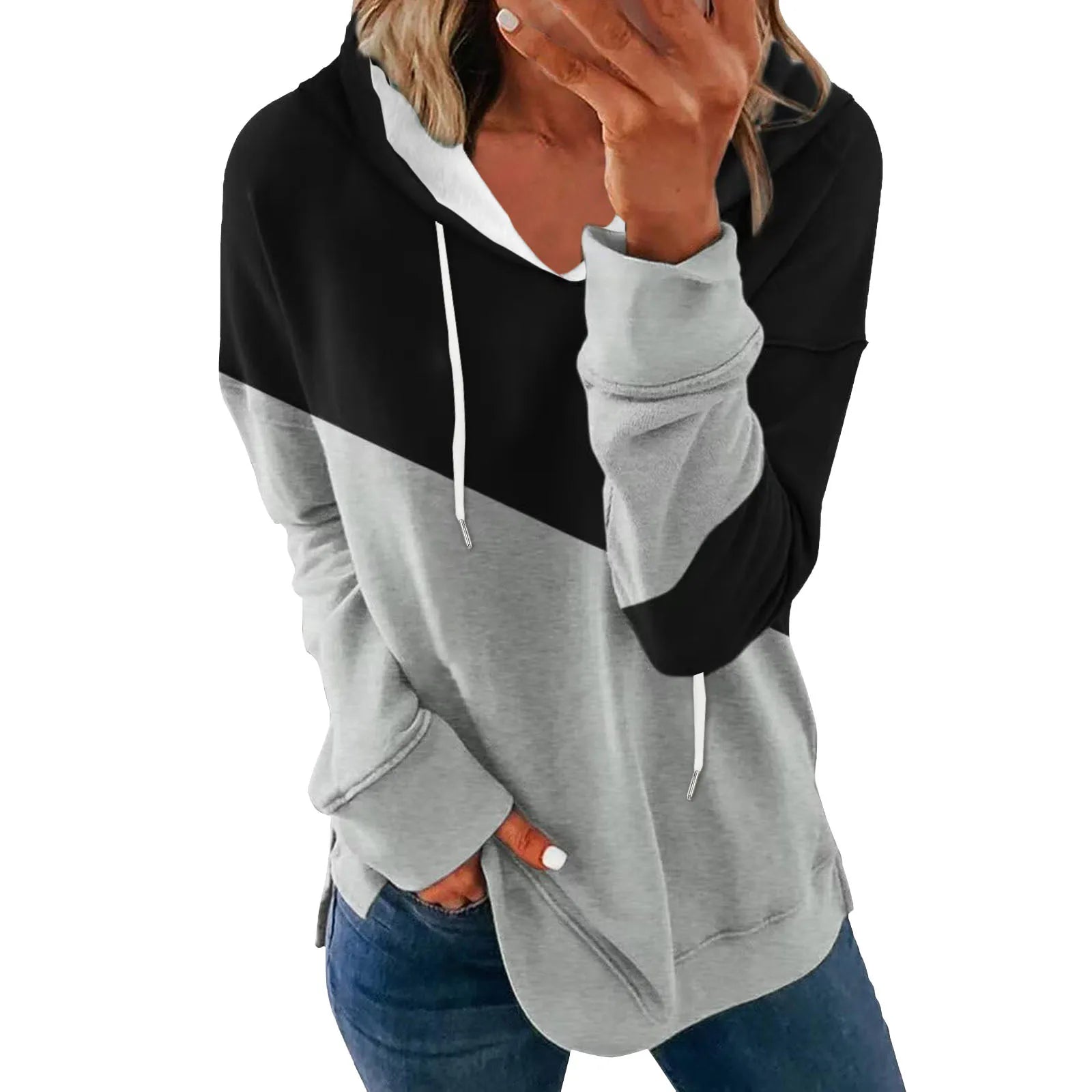 Fashion Color Matching Print Hooded Hoodie Woman Autumn Comfortable Loose Drawstring Long Sleeves Sports Pullover