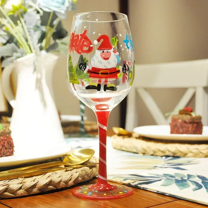 Christmas Print Wine Glass Christmas Decor Red Wine Goblet Creative Hand Drawing Painted Home Party Festival Cups Bar Wine Set