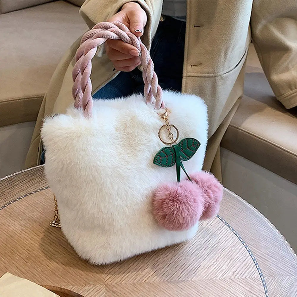 Women Female Cute Cherry Bags Soft Plush Handbags Furry Fluffy Totes Fashion Shopping Bags