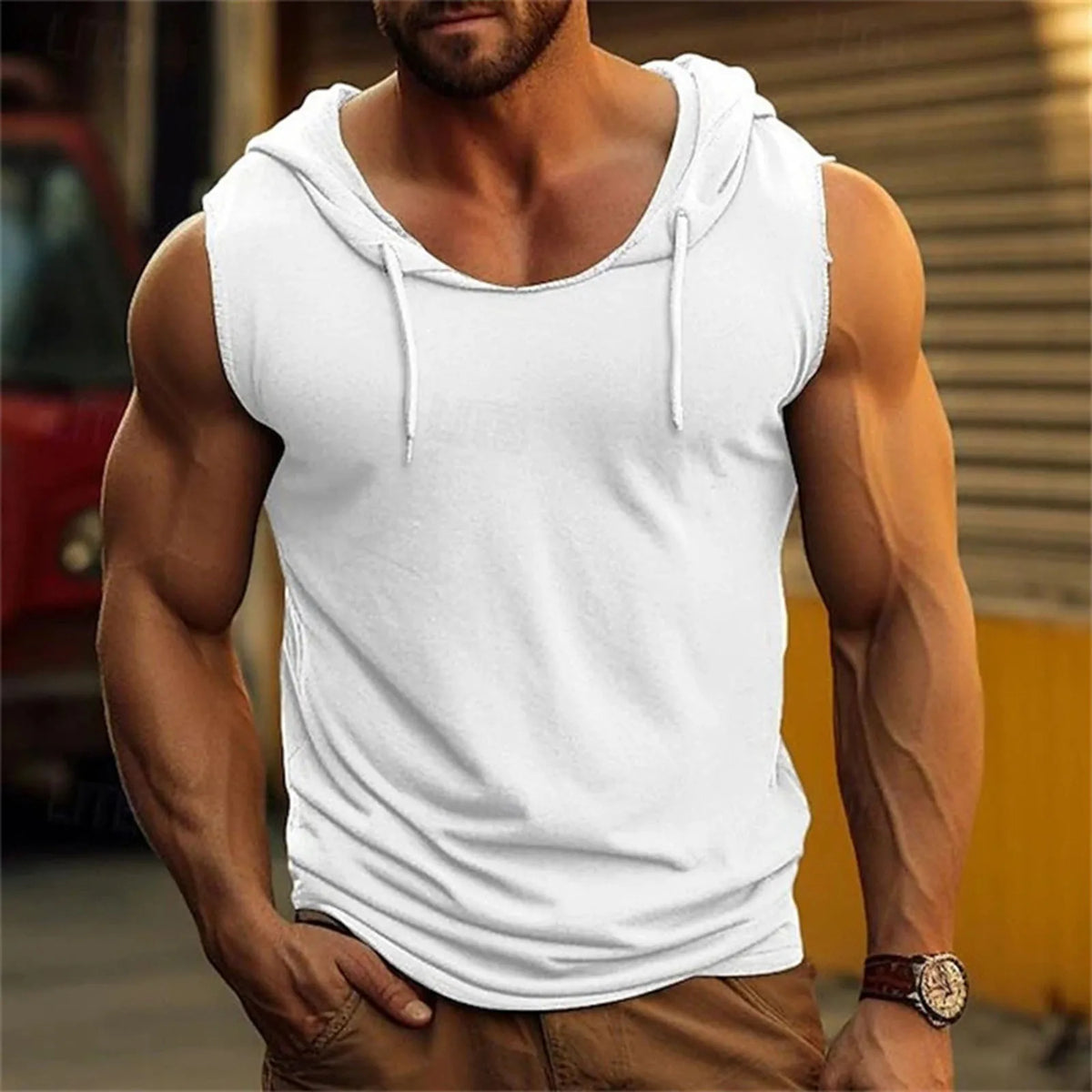 Male Solid Color Hooded Tank Top Casual Sleeveless Loose Fitness Sports Vest Top