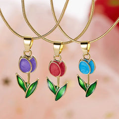 Vintage Elegant Enamel Tulip Flower Pendant Necklace For Women