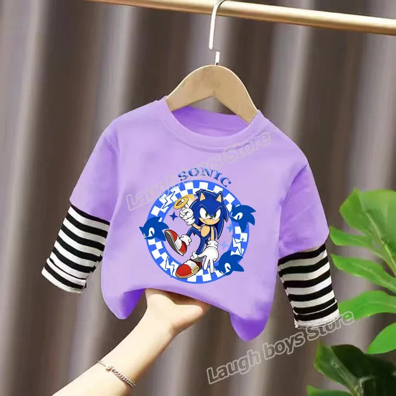 Sonics Kids Clothing Fashion All-match Letter Printing T-shirt Autumn Casual Loose Pure Cotton O-neck Pullover Long Sleeve Top