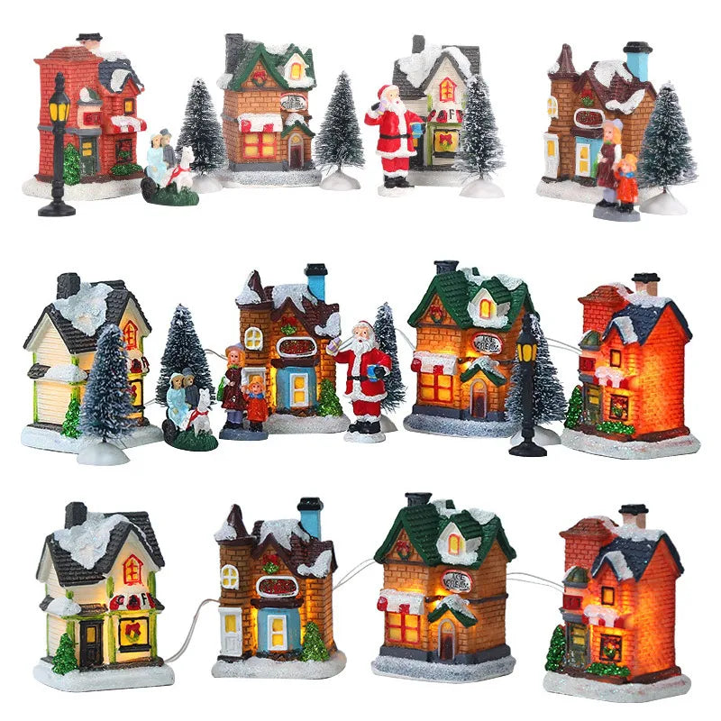 LED Resin Christmas Village Ornaments Set Figurines Decoration Santa Claus Pine Needles Snow View House