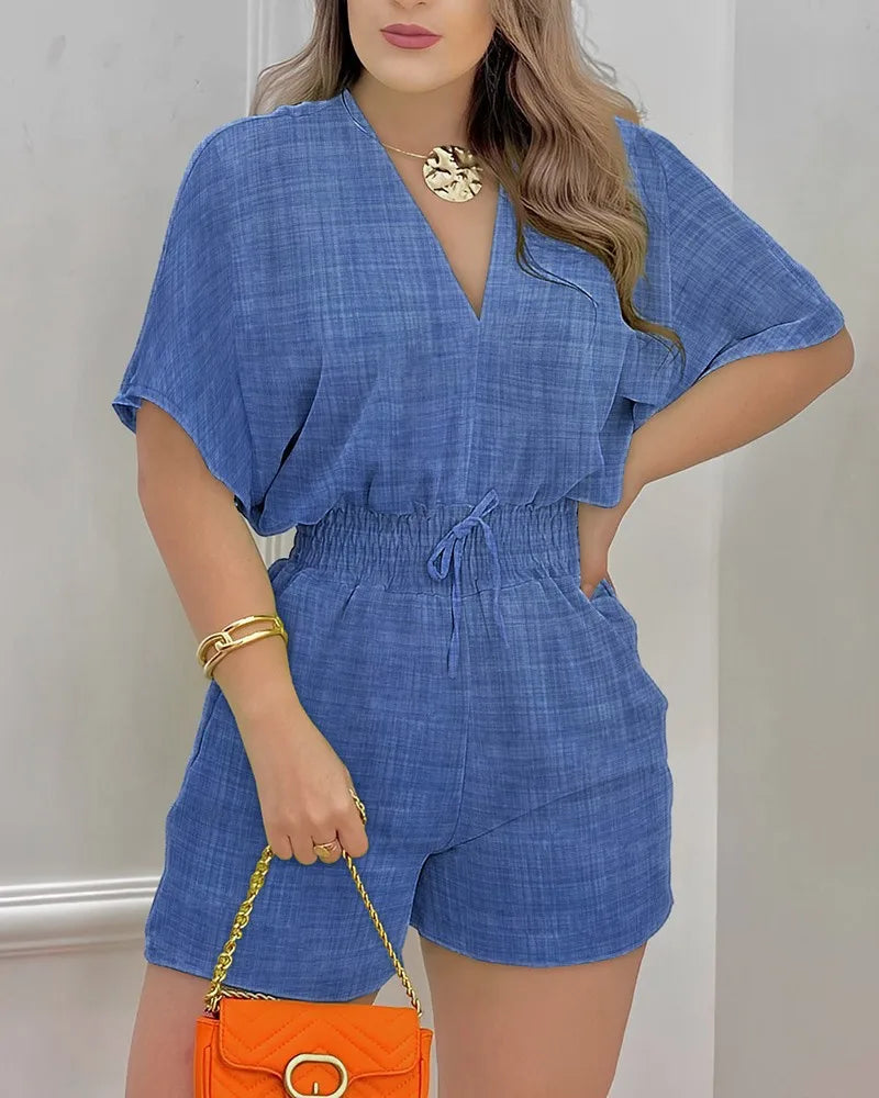 Summer Women V Neck Jumpsuit Holiday Beach Short Sleeve Loose Rompers