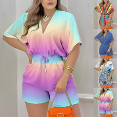 Summer Women V Neck Jumpsuit Holiday Beach Short Sleeve Loose Rompers