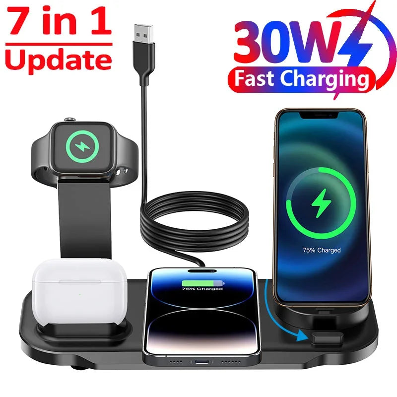 7 in 1 30W Rotate Wireless Charger Stand Pad For iPhone Samsung Xiaomi Apple Watch