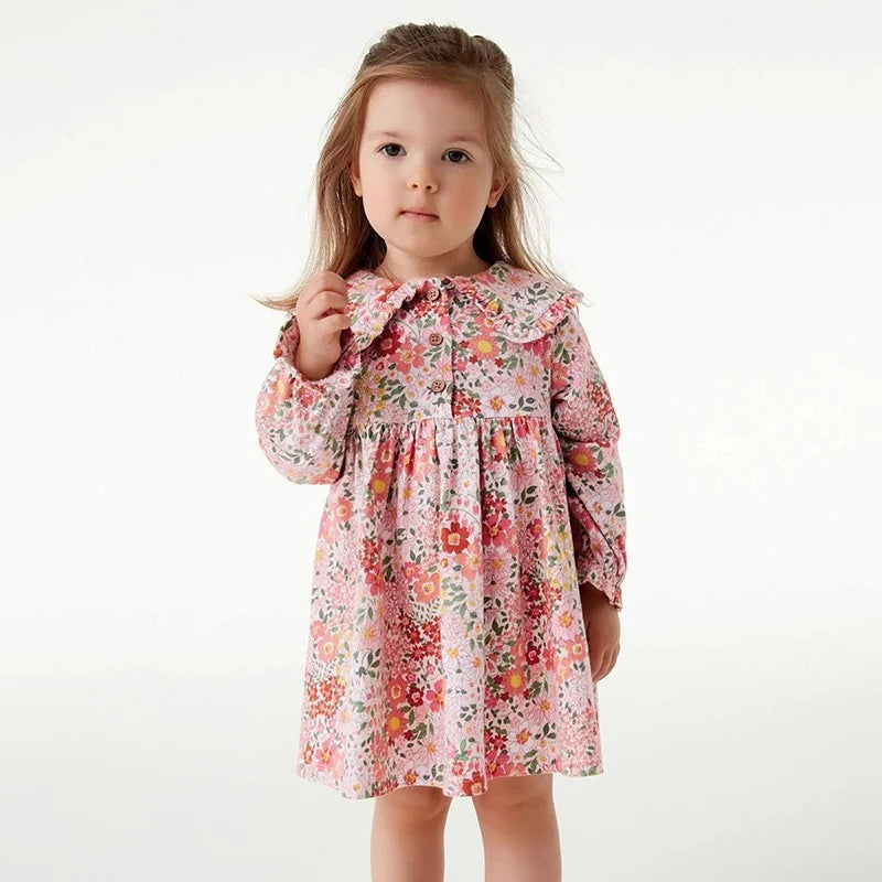 Jumping Meters 2-7T Floral  Princess Girls Dresses Collar Buttons Long Sleeve Baby Party Clothing