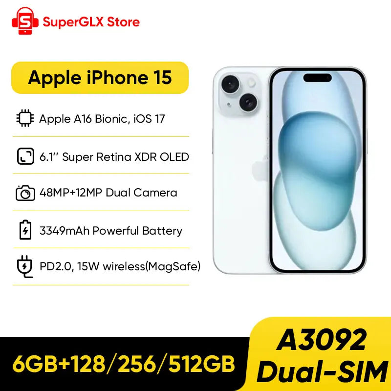 Apple iPhone 15 A3092 iOS 17 Apple A16 Bionic Super Retina XDR OLED Display IP68 dust/water resistant Dual SIM 100% New Original