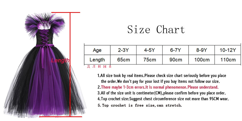 Halloween Witch Dress Girl Evil Queen Cosplay Costume Handmade Knitted Tulle Tutu Ruffles Floor Length Princess Outfits