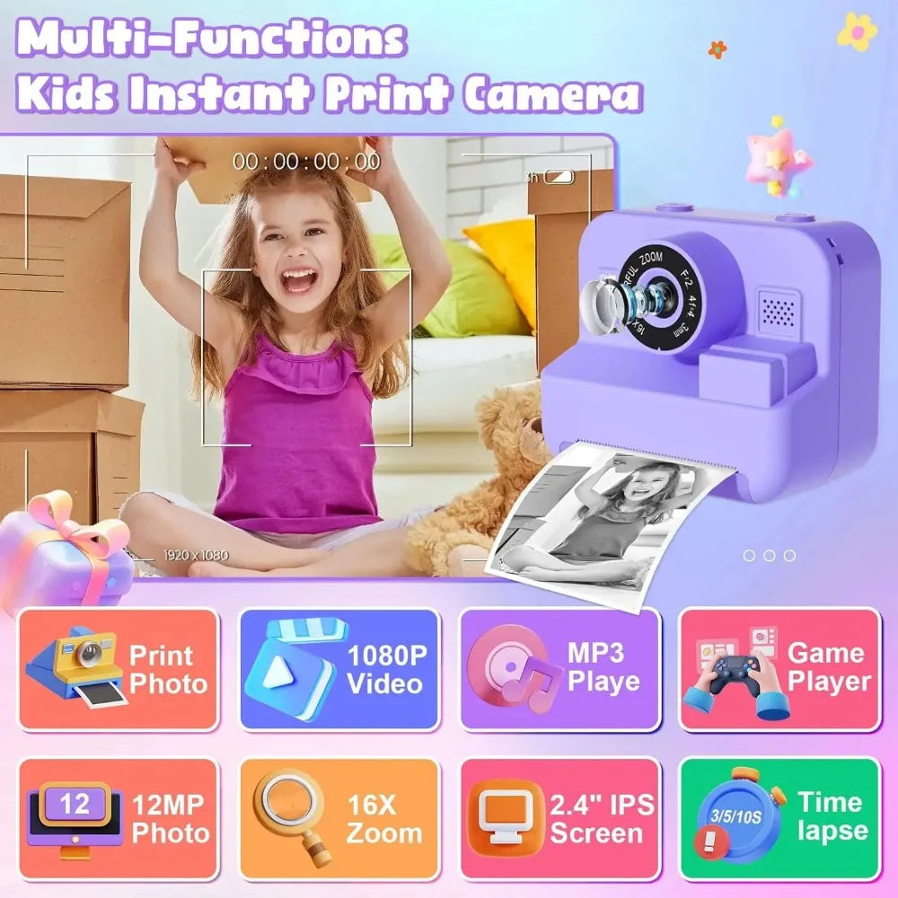 Educational Thermal Instant Print Camera With 32G Card, 1080P Children Mini Digital Video Camera