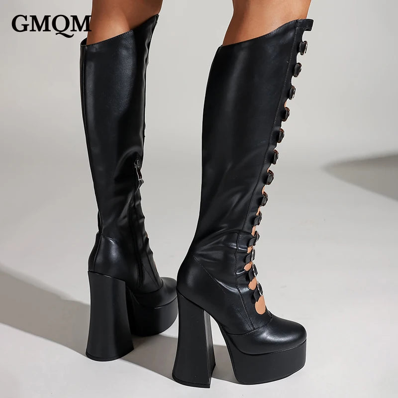 GMQM Platform Fashion Women‘s The Knee Boots High Heels Thick Sole Breathable Shoes Pumps Chunky Super Heel Round Toe Long Boots