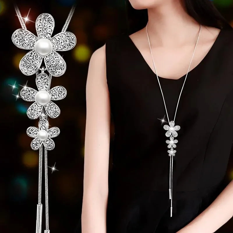 Snowflake Zircon Long Chain for Women Fashion Silver Color Crystal Maxi Necklaces & Pendants